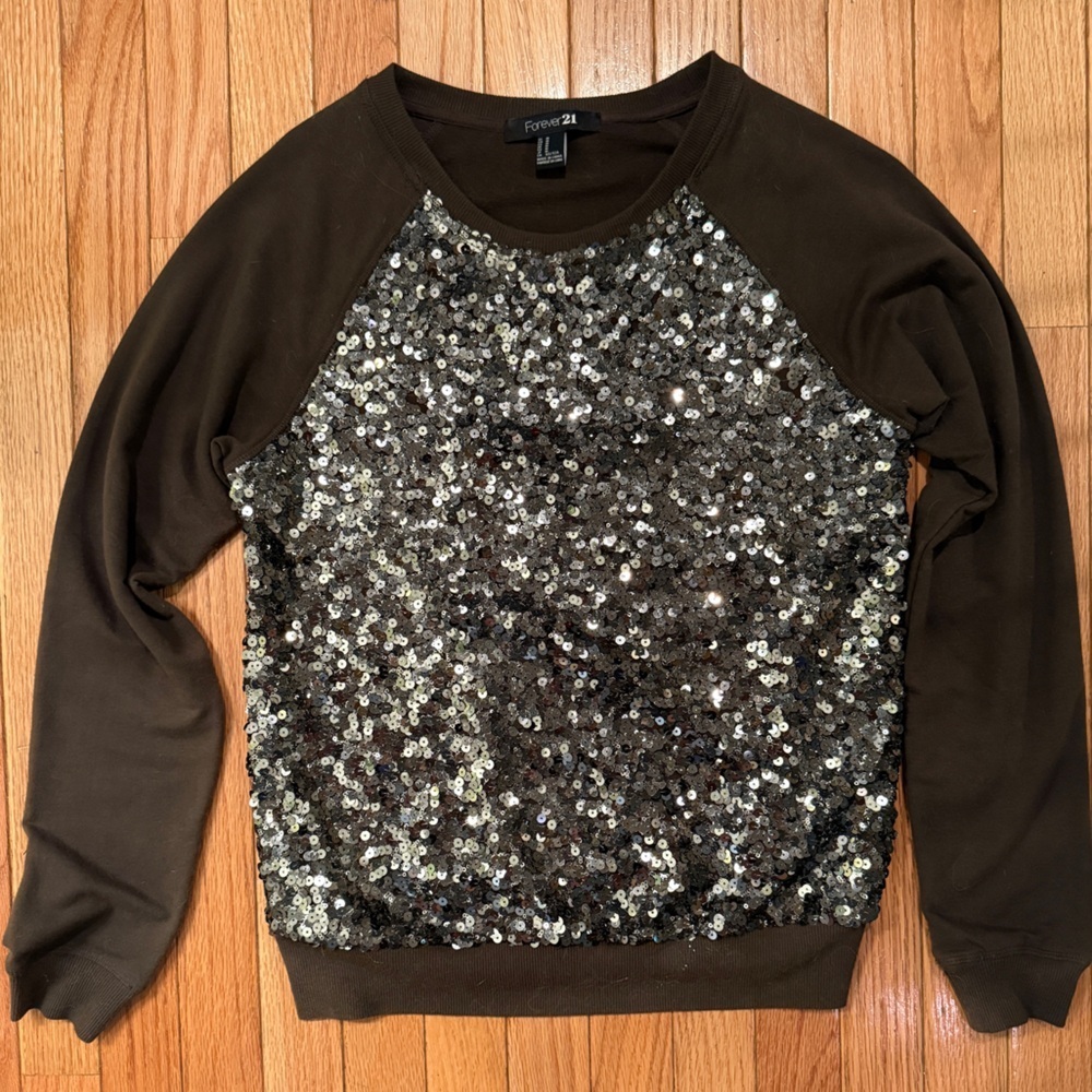 Forever 21 Women's Sequin Sweatshirt - Brown and Silver
